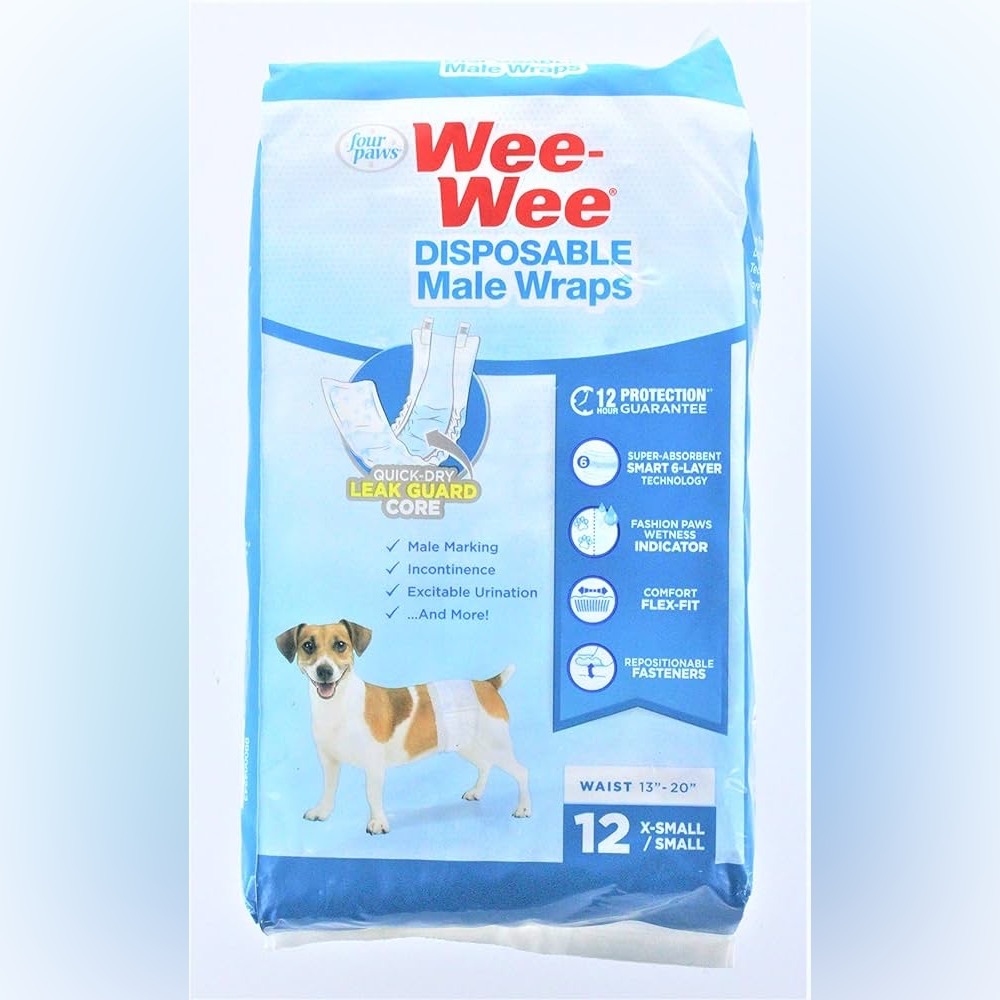Male Dog Wraps Disposable X-Small/Small (1 pack with 12 wraps) Wee-Wee Four Paws
